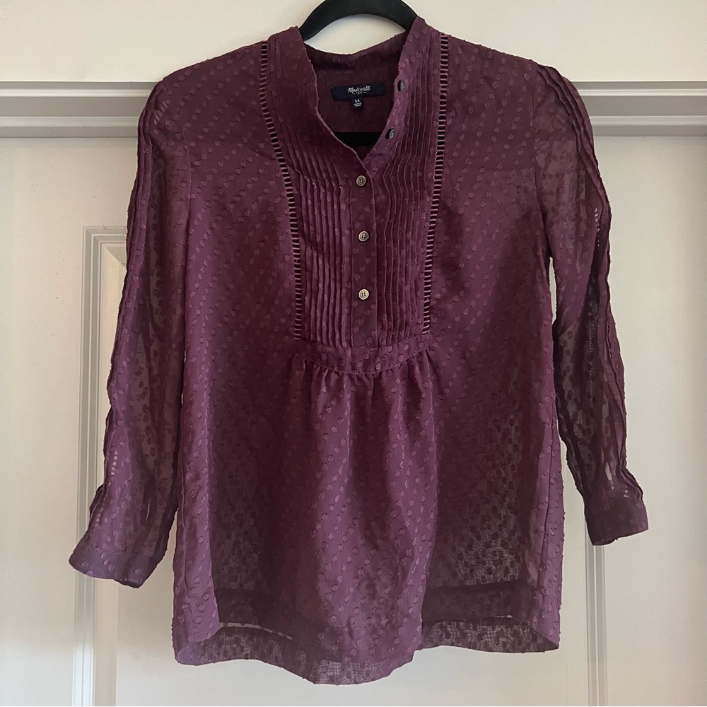 Madewell Top | Swiss Dot Chiffon Blouse | Plum | Size XS